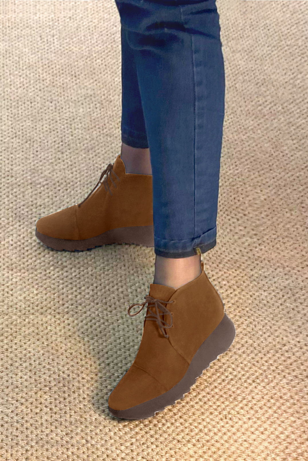Caramel brown women's ankle boots with laces at the front. Square toe. Low rubber soles. Worn view - Florence KOOIJMAN
